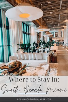 a living room with white couches and plants in the center, text where to stay in south beach miami