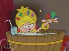 a cartoon girl in a bath tub with bubbles