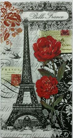 the eiffel tower with red flowers on it's side is surrounded by black and white designs