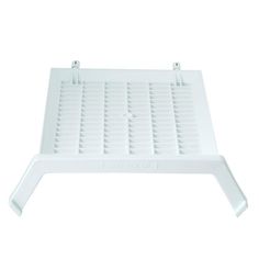 a white plastic shelf with two hooks on the bottom and one hook in the middle