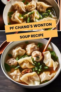 dumplings are served in a bowl with chopsticks on the side and an orange sign that says pf chan's won soup recipe