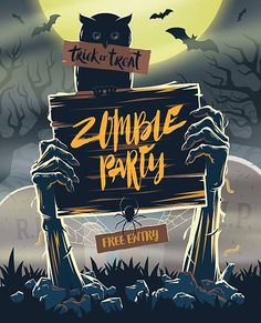 a halloween party poster with an owl holding a sign