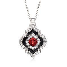 Ross-Simons - .70ct Garnet, Black Enamel Pendant Necklace, .70ct t. w. White Topaz. 18". Here's a bold style for any budget! Add drama to your daily dress with this pendant necklace, featuring a .70 carat round garnet centerpiece encircled by glossy black enamel curves and sparkling .70 ct. t. w. white topaz rounds all around. Set in polished sterling silver and suspended from a cable chain with a 2" extender. Springring clasp, white topaz, black enamel and garnet pendant necklace. Garnet births Garnet Birthstone, Mom Ring, Fine Jewelery, Garnet Pendant, Onyx Necklace, Bold Style, Ring Ideas, Daily Dress, Bold Fashion