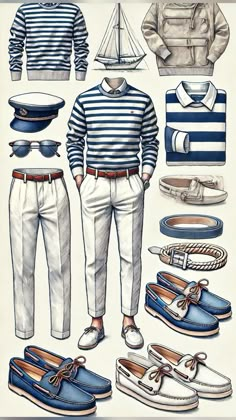 Nautical-Inspired Men's Outfit Men’s Outfit Boat, 1950s Preppy Style Men, Men Nautical Outfit, Men’s Nautical Outfit, Mens Sailing Fashion, Vintage Sailor Outfit Men, Men Boating Outfit, Nautical Fashion Men's, Gentleman Summer Outfit