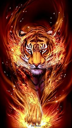 a tiger with flames on it's face