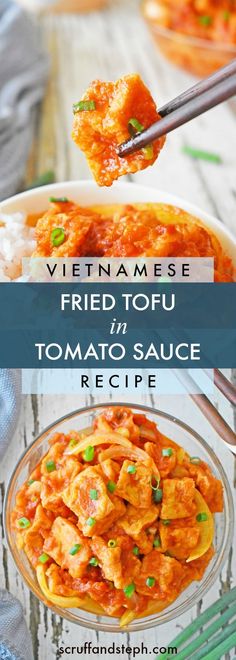 a bowl full of tomato sauce with chopsticks in it and the words, vietnamese fried tofu tomato sauce recipe