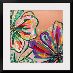 an abstract painting with colorful flowers on pink background