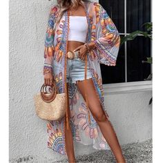 Boho Floral Print Front Tie Beach Cover Up Kimono One Size, Polyester Blend, Ships In 7-8 Days Poolside Outfit, Sea Design, Beach Skirt, Lace Cardigan, Cardigan Outfits, Weave Style, Self Design, Beach Covers, Dress Robes