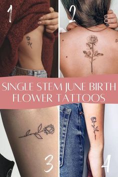 four different tattoos on the back of women's bodies, including one with flowers