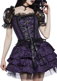 tonight will be the night that I'll fall for you. This corset has a satin brocade construction, sheer puff sleeves, frilly lace trim at the cuffs, square neckline, and hem, a satin ribbon lace up in front, and a zipper closure in back. Gothic Mini Skirt, Goth Lace Top, Dark Purple Dresses Short, Alternative Fashion Purple, Elissabat Monster High Costume, Purple Inspired Outfits, Elissabat Costume, Elissabat Outfit, Elissabat Cosplay