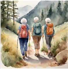 three elderly people walking up a trail in the mountains with backpacks and hiking poles