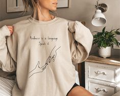 Kindness Minimalist Sweater by VogueClothingGifts on Etsy Couple Sweatshirts, Minimalist Sweater, Couples Sweatshirts, Fitted Sweater, Tee Design, Leisure Wear, Dog Mom, Bohemian Style, Custom Shirts