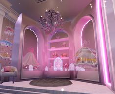 a room with pink walls and chandelier in the center, there is a white chair next to it