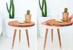 two pictures of a small table with a cactus on it