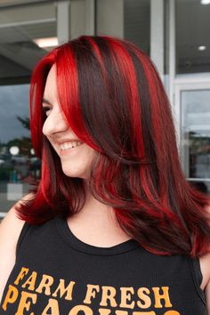 red highlights, hair color, hair style Vibrant Red Highlights, Bold Red Hair, Red Hair Highlights, Red Highlights In Brown Hair, Deep Black Hair, Bright Red Highlights, Red Hair With Highlights, Red Streaks, Dark Brunette Hair