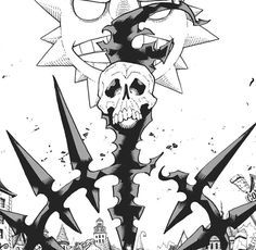 a black and white drawing of a skull surrounded by scissors in the middle of a city