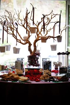 a table topped with lots of food next to a tree filled with pictures and candles