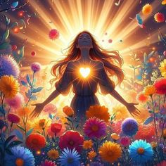 a woman surrounded by flowers with the sun shining through her eyes