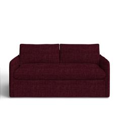 a red couch sitting on top of a white floor