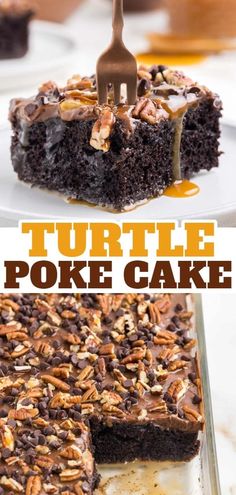 turtle poke cake with pecans and caramel drizzled on top is shown