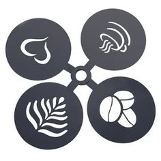 four circles with different types of food and leaves on them, all in black and white