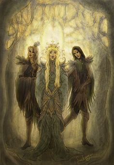 three women dressed as elves standing in front of a tree with light coming from behind