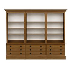 an empty bookcase with drawers and shelves