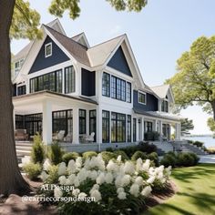 a large house with lots of windows and white flowers in the front yard, next to a tree