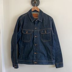 Worn Only Once! This Jacket Is In Prime Condition. Handmade In California, 100% Cotton Dark Wash Outerwear With Patch Pockets For Everyday, Everyday Blue Denim Jacket With Flap Pockets, Everyday Dark Wash Outerwear With Patch Pockets, Denim Blue Cotton Outerwear With Double-needle Stitching, Fall Cotton Denim Jacket With Contrast Stitching, Blue Cotton Denim Jacket With Contrast Stitching, Everyday Indigo Denim Jacket With Pockets, Fall Denim Blue Outerwear With Contrast Stitching, Fall Denim Outerwear With Contrast Stitching