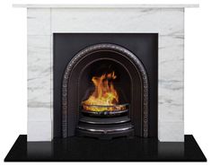 a white fireplace with a black mantle and yellow flames on the fire place in front of it