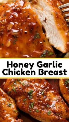 honey garlic chicken breast recipe on a plate with a fork