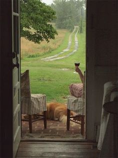 an open door with two chairs and a dog