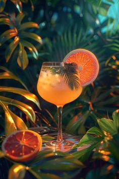 a drink with oranges and palm leaves around it