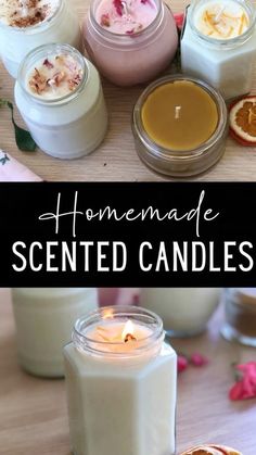 homemade scented candles in glass jars on a table