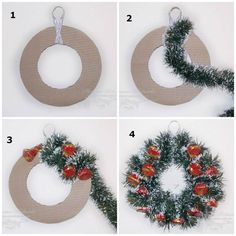 four pictures showing how to make a christmas wreath