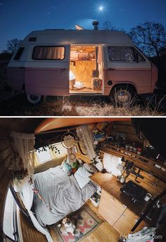 an old camper is converted into a tiny home with the door open and it's bed pulled out