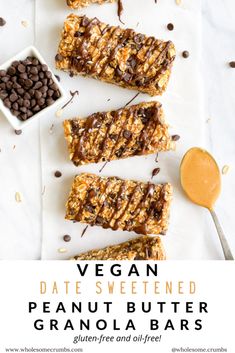 vegan date - sweetened peanut butter granola bars with chocolate chips on top