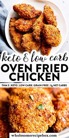 keto and low carb oven fried chicken on a white plate with text overlay