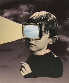 a young boy with a tv on his head and clouds in the sky behind him