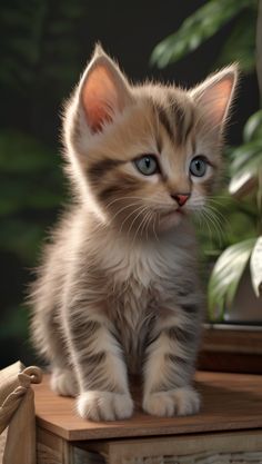 a small kitten sitting on top of a wooden table