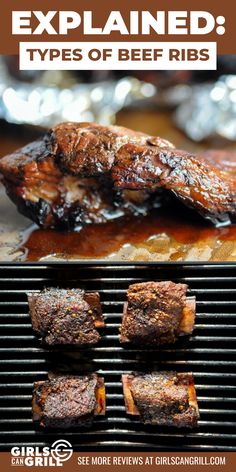 grilled steaks and ribs on the grill with text explaining how they are cooked