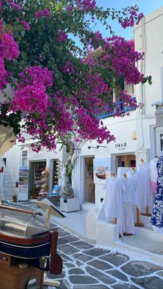 there are many clothes on display in the storefronts with purple flowers hanging from them