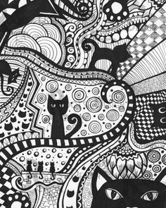 a black and white drawing of cats surrounded by swirly patterns, with one cat staring at the viewer