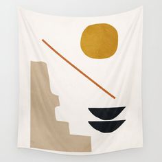 a white wall hanging with an abstract painting on it's side and a yellow sun above