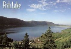 a large body of water surrounded by trees and hills with the words fish lake on it