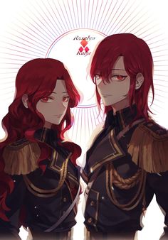 two anime characters with red hair standing next to each other