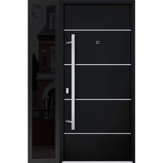 the front door is black and has a glass paneled design with silver trimmings