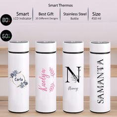 thermos are designed to look like they have different designs on them, and each one has an individual name