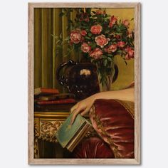 a painting of a woman holding a book next to a vase with flowers in it