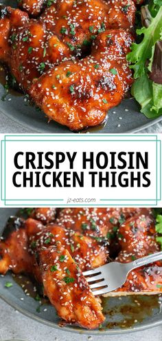 crispy hoisin chicken thighs on a plate with lettuce